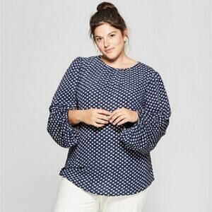Ava & Viv Dark Blue White Polka Dot Pattern Balloon Sleeve Blouse Top 1X